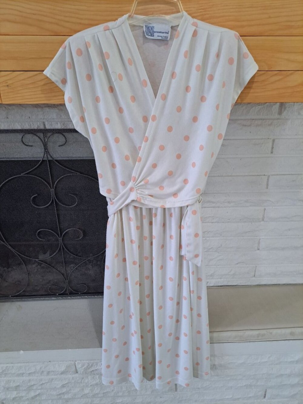 Vintage Polka Dot Wrap Dress Size 12  Accentuette USA Cotton Peach Cream Cottage